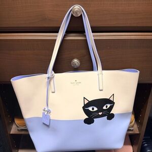 Kate Spade Black and Cream Cat Tote with Lavender Accents